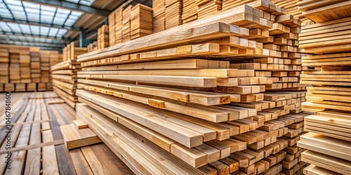 Stacked timber planks at a lumber yard with soft focus on wood texture and pattern