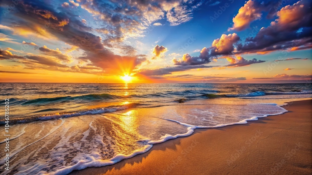 Sunset over a serene beach with waves gently lapping at the shore, warm light, sand, palm trees Sunset over a serene beach with waves gently lapping at the shore, warm light, sand, palm trees