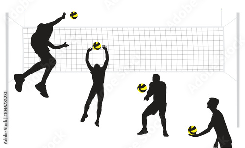Volleyball players men silhouettes game activity under volleyball net