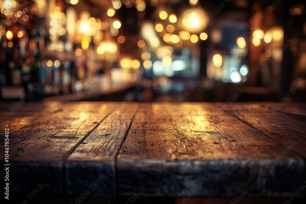 A close-up shot of an empty wooden table in a bar with blurred background. A close-up shot of an empty wooden table in a bar with blurred background.