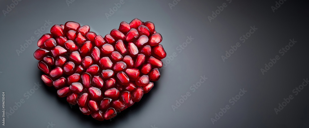 Vibrant pomegranate seeds form a heart shape on a dark background, symbolizing love and passion. Perfect for romantic occasions, bursting with antioxidants and vitamins for a healthy diet Vibrant pomegranate seeds form a heart shape on a dark background, symbolizing love and passion. Perfect for romantic occasions, bursting with antioxidants and vitamins for a healthy diet