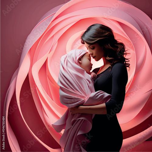 Mom hugs baby illustration. Mom's love, motherhood, pregnancy and childbirth concept art. Mother's Day. Maternal care and love. Psychology of children, women's psychology. Child development, education