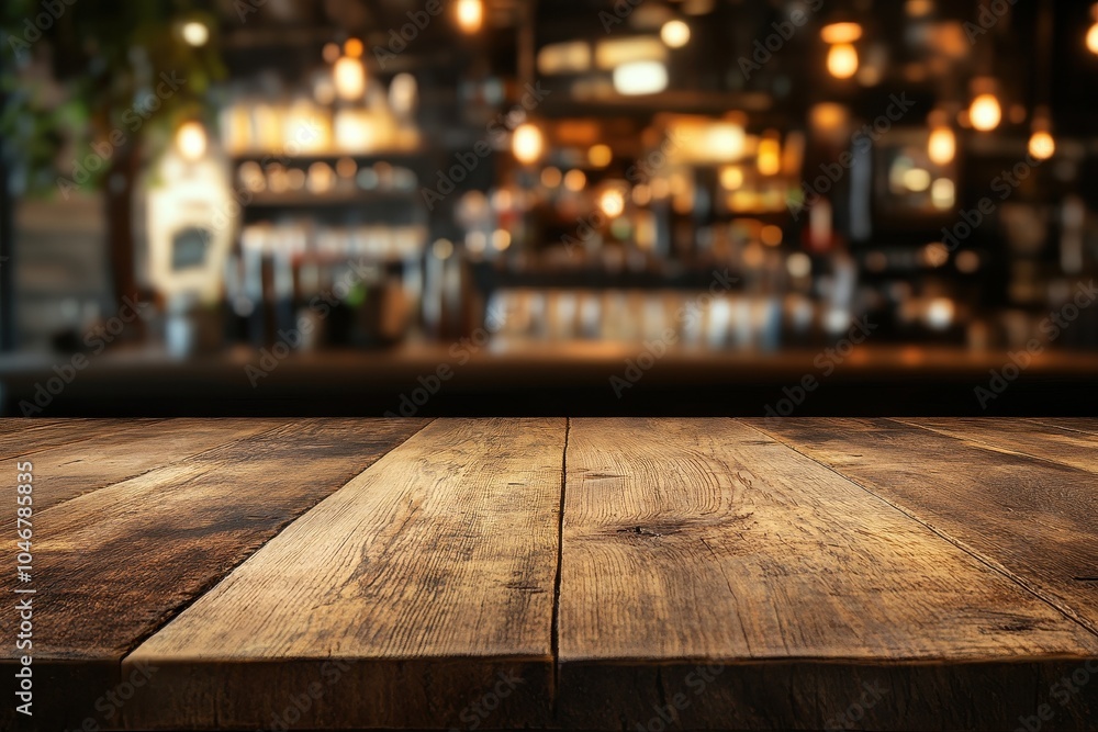 Rustic wooden table top with blurred bar background. (4) Rustic wooden table top with blurred bar background. (4)
