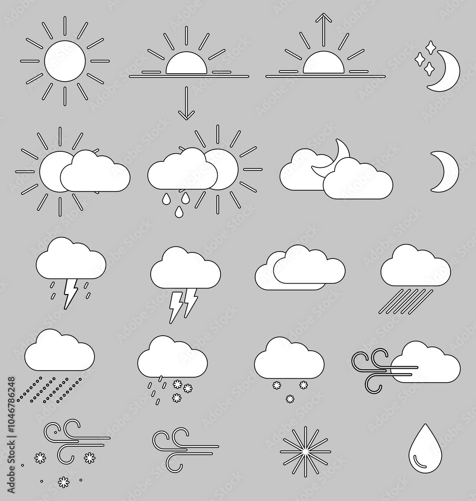 Collection of white weather icons with black outline. Set of vector icons Collection of white weather icons with black outline. Set of vector icons