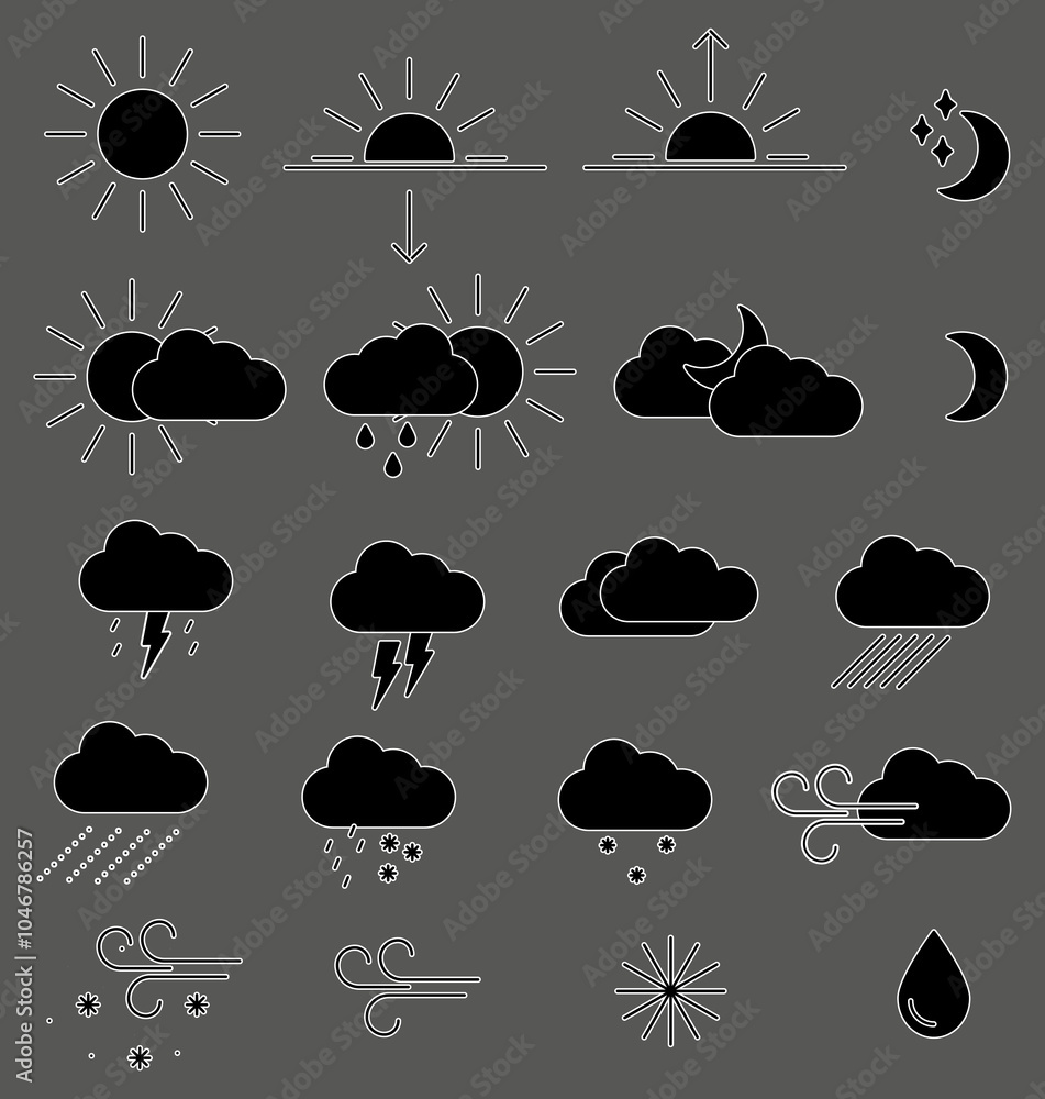 Collection of black weather icons with white outline. Set of vector icons Collection of black weather icons with white outline. Set of vector icons
