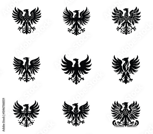 Collection of polish eagle silhouette logo. Heraldic eagle logo set. Modern eagle template. Icon set