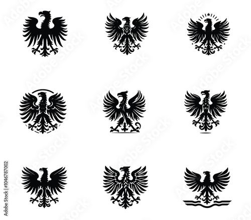 Collection of polish eagle silhouette logo. Heraldic eagle logo set. Modern eagle template. Icon set