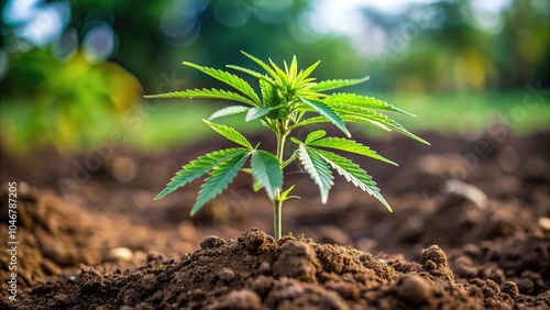 Unique perspective of frisian duck cannabis plant growing in soil