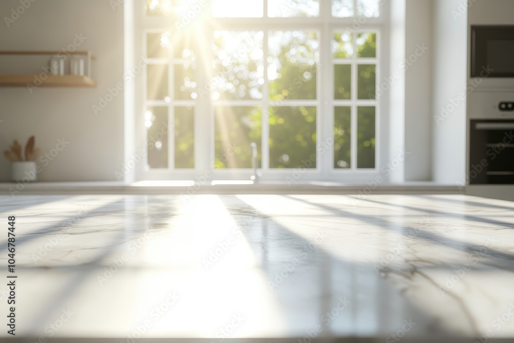 Sunlight streams through a large window onto a white marble countertop in a modern kitchen. Sunlight streams through a large window onto a white marble countertop in a modern kitchen.