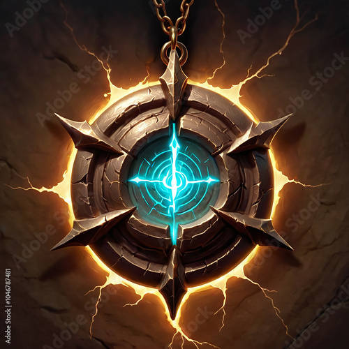 A stone amulet with a central glowing blue star, surrounded by an orange ring and six pointed edges. It hangs on a gold chain against a dark background with cracked stone. photo