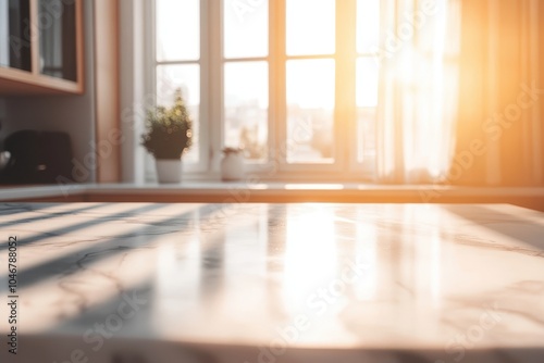 Sunny kitchen countertop with window in background.