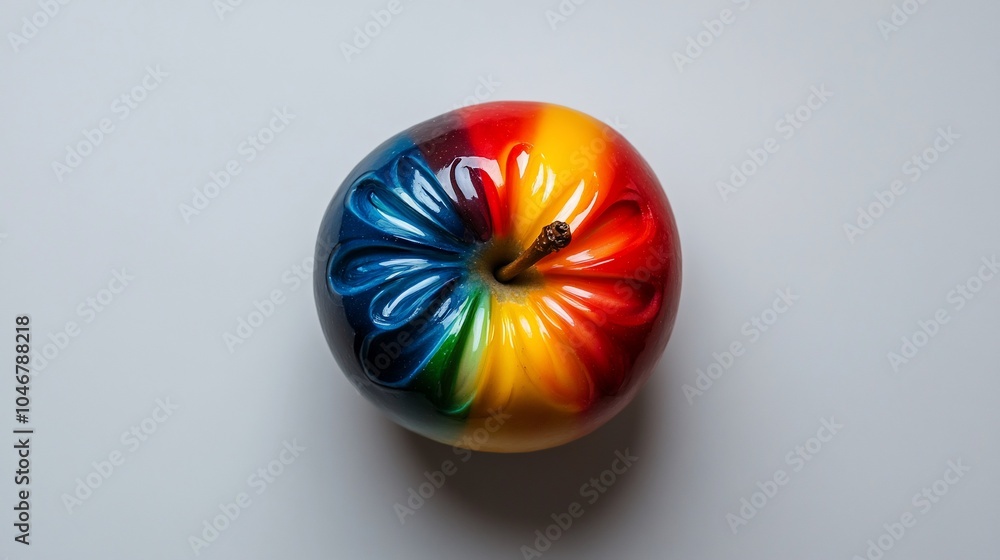 A rainbow apple with a brown stem against a white background. A rainbow apple with a brown stem against a white background.