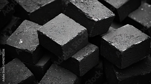 A monochrome image of black bricks stacked in a pile, emphasizing their rough texture and the stark contrast of the black and white tones.