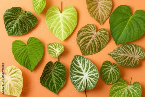 Vibrant collection of tropical heart-shaped leaves on orange background