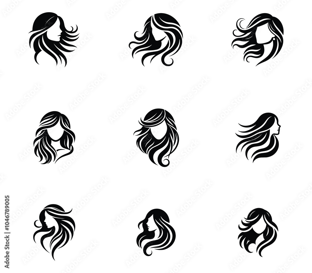 Collection of woman hair logo. Hair minimalist logo set template. Beauty salon, hair salon. Icon set Collection of woman hair logo. Hair minimalist logo set template. Beauty salon, hair salon. Icon set