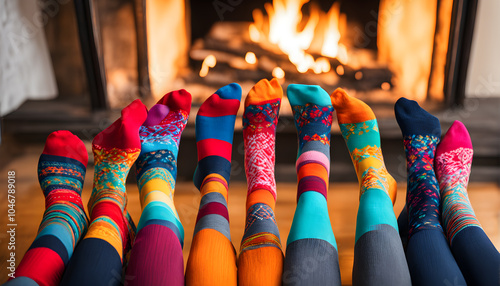 Feet of happy   in winter socks lying together on couch in living room. conncept holiday socks generative ai.