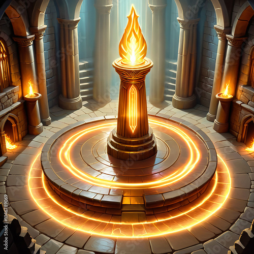 A golden altar with a glowing flame sits in the center of a stone chamber. The altar is surrounded by a glowing circular pattern. Pillars and arches create an ancient and mystic atmosphere. photo