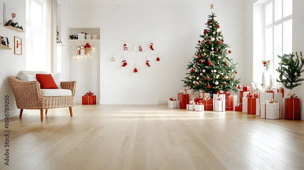 Cozy and festive living room setting featuring a wicker armchair and a beautifully decorated Christmas tree surrounded by gift boxes creating a warm and inviting holiday atmosphere Cozy and festive living room setting featuring a wicker armchair and a beautifully decorated Christmas tree surrounded by gift boxes creating a warm and inviting holiday atmosphere