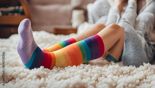 Feet of happy   in winter socks lying together on couch in living room. conncept holiday socks generative ai.