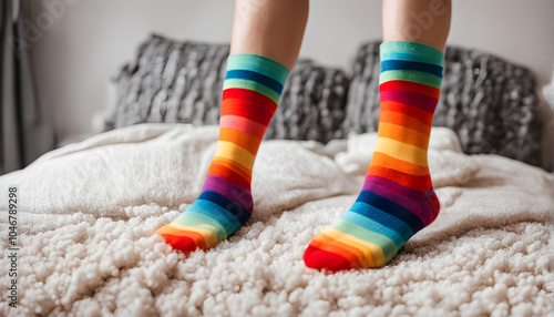 Feet of happy   in winter socks lying together on couch in living room. conncept holiday socks generative ai.
