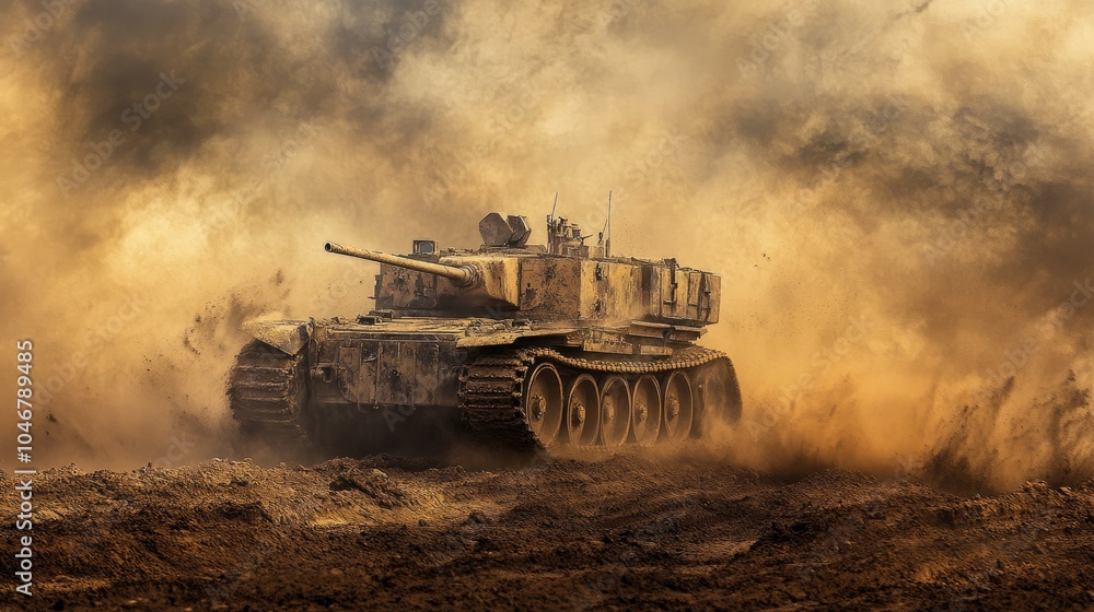 Fototapeta premium A mud-caked military vehicle drives through a battlefield amidst smoke and dust, portraying the harsh and chaotic conditions of war.