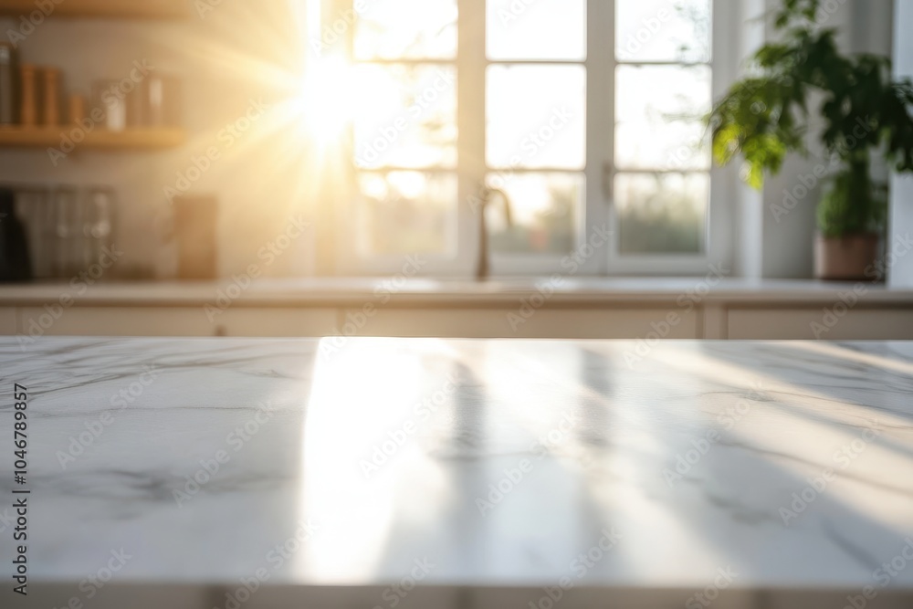 A white marble countertop with a blurred background of a kitchen window with sunlight streaming through. A white marble countertop with a blurred background of a kitchen window with sunlight streaming through.