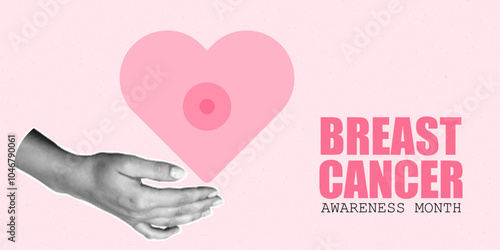 Halftone collage banner, breast cancer awareness month. Paper cut hands, self-diagnosis concept, mixed media design, pink october, heart.