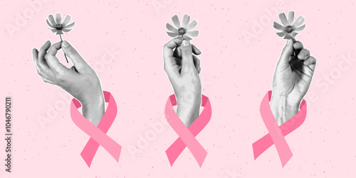 Halftone style banner, breast cancer awareness month. Elements cut out of paper, hands holding flowers. Pink ribbon, hope concept.