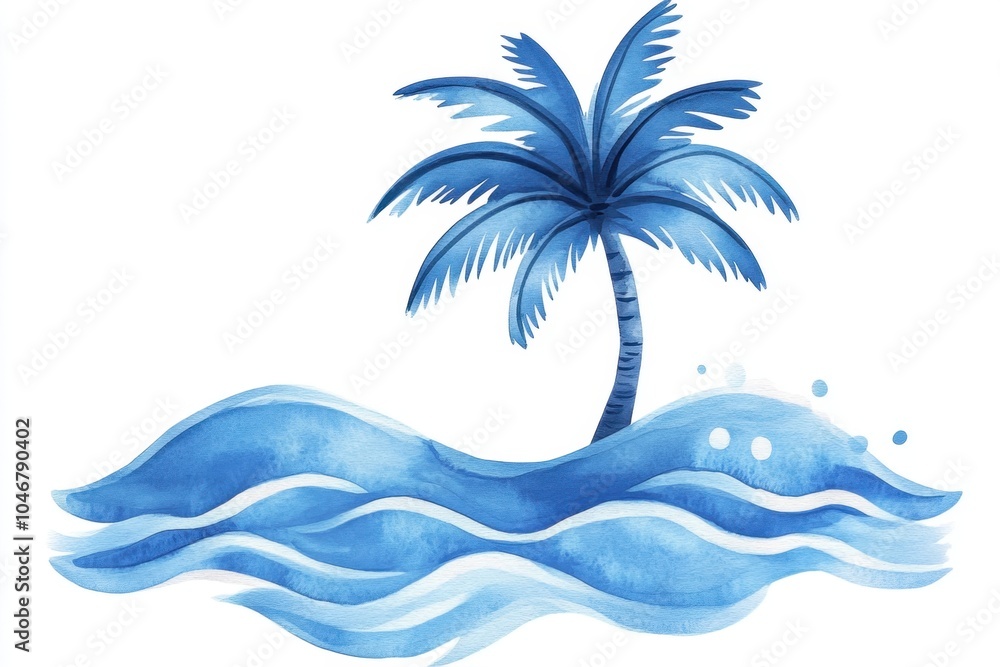 Fototapeta premium Tropical island with palm tree in watercolor style
