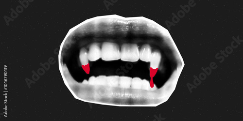 Open mouth with vampire fangs and blood drops. Creepy Halloween, retro collage banner, lips cut out from magazine on dark textured background.