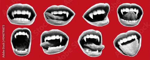 Open mouths of vampire with different emotions cut out of paper, halftone collage style stickers. Sharp fangs, creepy mixed media design, creepy halloween, fear.