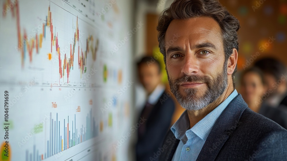 A confident businessman stands in front of a whiteboard with charts, looking directly at the camera with a serious expression. A confident businessman stands in front of a whiteboard with charts, looking directly at the camera with a serious expression.