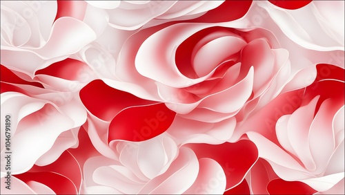 Camellia (Admiration, Beauty)_ An abstract design of camellia petals in red and white, with glossy, elegant curves. 