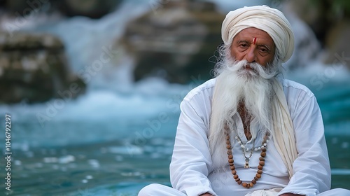 An old man with a long white beard and a white turban is sitting on a rock in a river. He is wearing a white robe and has a red dot on his forehead. photo