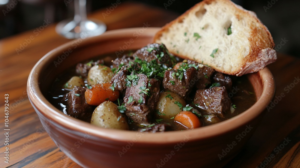 A Hearty Beef Stew. A steaming bowl of beef stew filled with tender chunks of beef, carrots, and potatoes. A Hearty Beef Stew. A steaming bowl of beef stew filled with tender chunks of beef, carrots, and potatoes.
