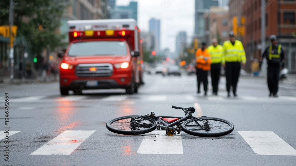 Bicycle Lying on Wet Road Near Emergency Response Bicycle Lying on Wet Road Near Emergency Response
