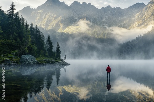 Mountain Forrest. Reflection of mystic mountains in calm lake at Morskie Oko, Zakopane, Poland