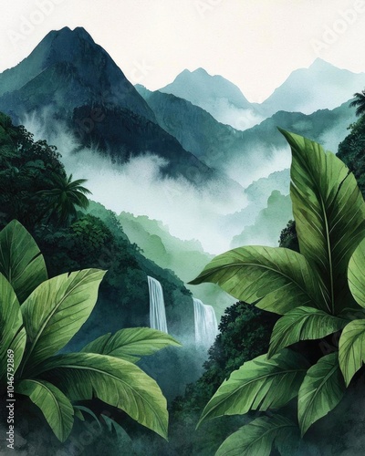 Lush green landscape with majestic mountains, fog, and cascading waterfall, creating a serene and tranquil nature scene.