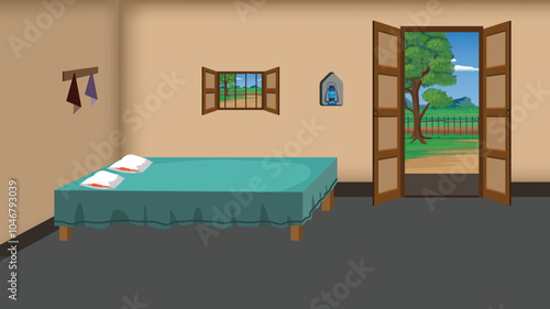 Village bedroom cartoon background illustration background design with doors, windows and furnitures