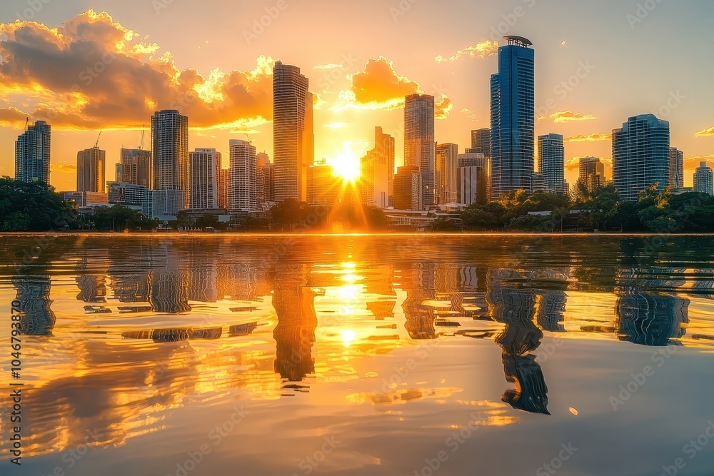 Fototapeta premium Stunning City Skyline at Sunset with Reflections