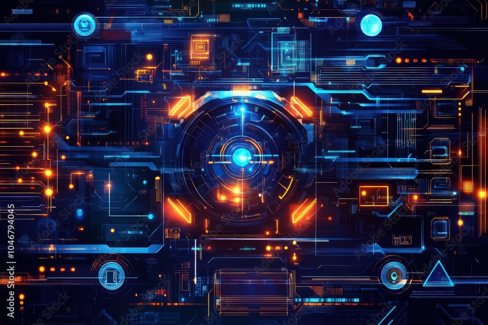 Robotic tech mesh background with metallic hues and digital symbols Robotic tech mesh background with metallic hues and digital symbols