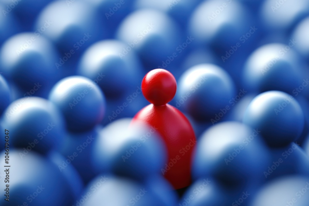 Unique red pawn blue pawns standing , concept of individuality leadership