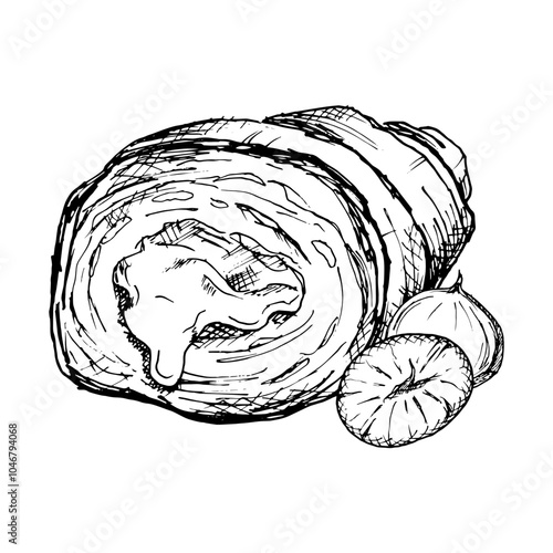 A detailed hand drawn vector illustration of croissant with hazelnuts. Black and white sketch showcasing the flaky texture and nut filling. Ideal for bakery, food packaging or culinary design projects