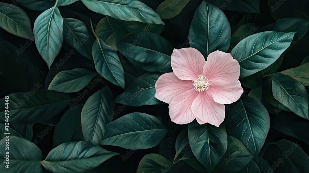 A pink flower with a white center blooms peacefully among green leaves, symbolizing beauty, serenity, and nature delicate balance. A pink flower with a white center blooms peacefully among green leaves, symbolizing beauty, serenity, and nature delicate balance.