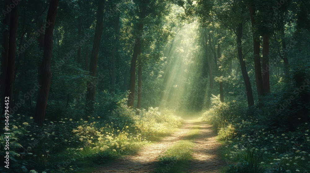 Obraz premium Forest path with dappled sunlight