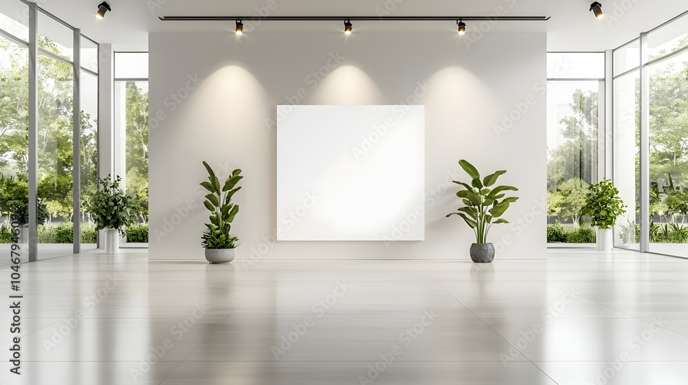 Captivating 3D rendering of a blank canvas illuminated by warm spotlights set in an elegant and minimalist room with sleek flooring and stylish decor Captivating 3D rendering of a blank canvas illuminated by warm spotlights set in an elegant and minimalist room with sleek flooring and stylish decor