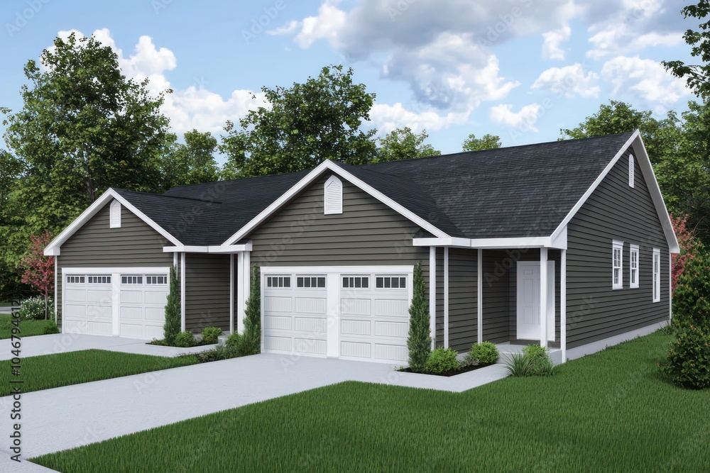 Duplex designed for low-income residents, featuring vinyl siding and garages. Duplex designed for low-income residents, featuring vinyl siding and garages.