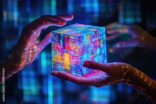 Two hands hold a glowing, translucent cube with circuit board patterns inside against a blurry background of colorful vertical lines. photo