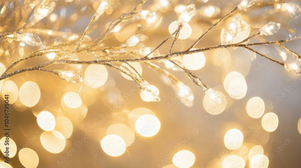 Golden bokeh lights on winter branches sparkle festively Golden bokeh lights on winter branches sparkle festively