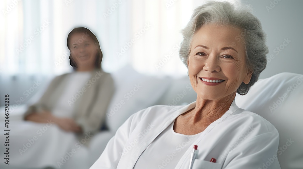 Photograph of a compassionate, elderly female doctor with a soft smile and a gentle touch on a patient's arm